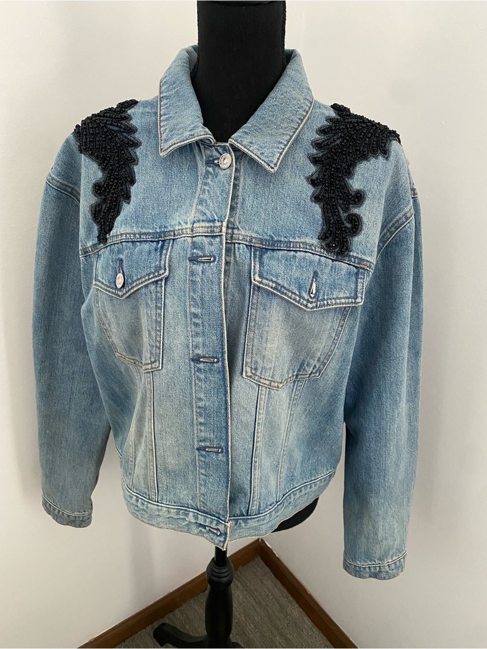 7 For All Mankind Light Blue Denim Jacket with Black Beaded Shoulder Appliqués